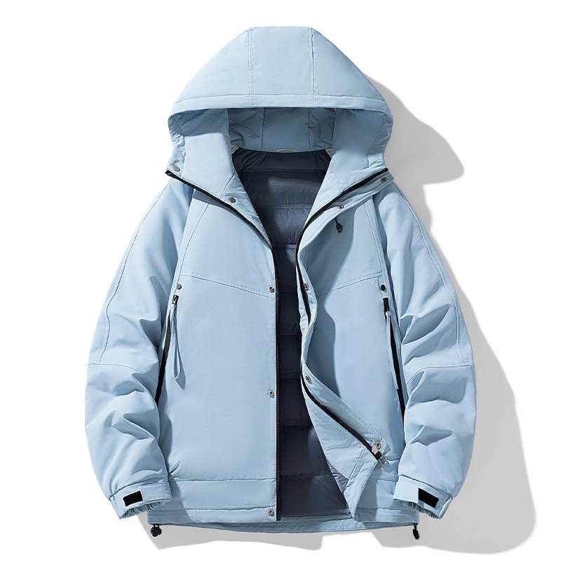 Muška zimska jakna s kapuljom, otporna na vjetar i hladnoću, punjena bijelim patkim perjem 90%+, gustoća punjenja 600, vanjski i podstava od poliestera, jednobojna, streetwear stil