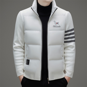 Férfi down dzseki koreai stílusban, fehér ludpúppal töltve, vastag meleg, álló gallér és zipzár, lélegző és szélálló téli kabát