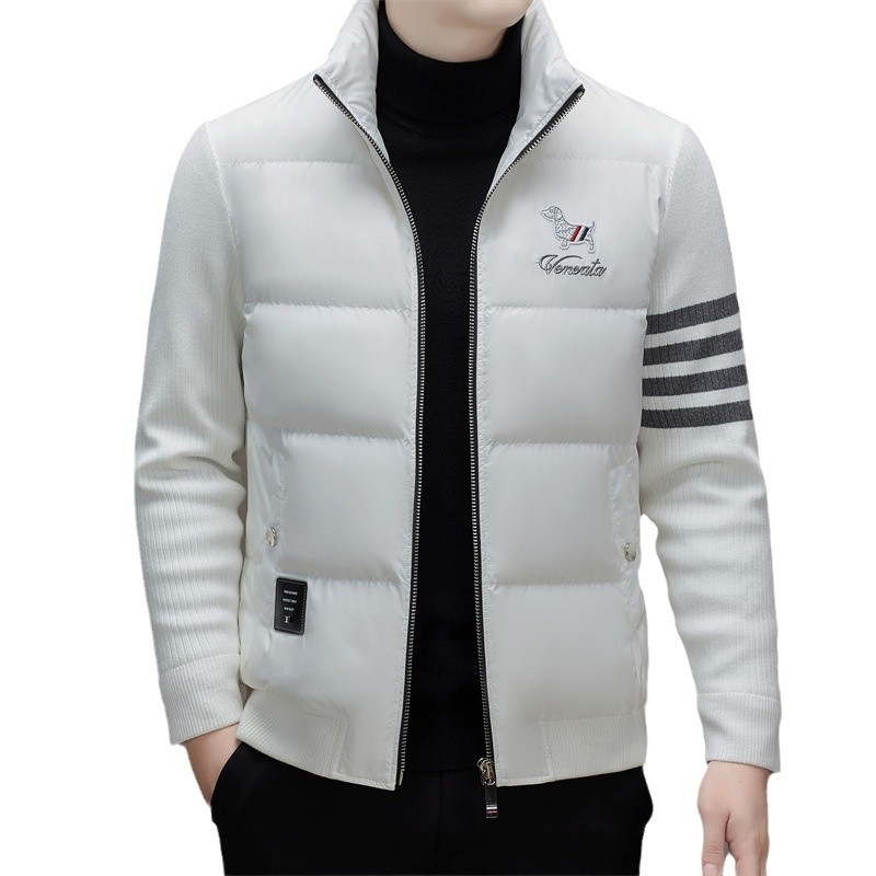 Férfi down dzseki koreai stílusban, fehér ludpúppal töltve, vastag meleg, álló gallér és zipzár, lélegző és szélálló téli kabát