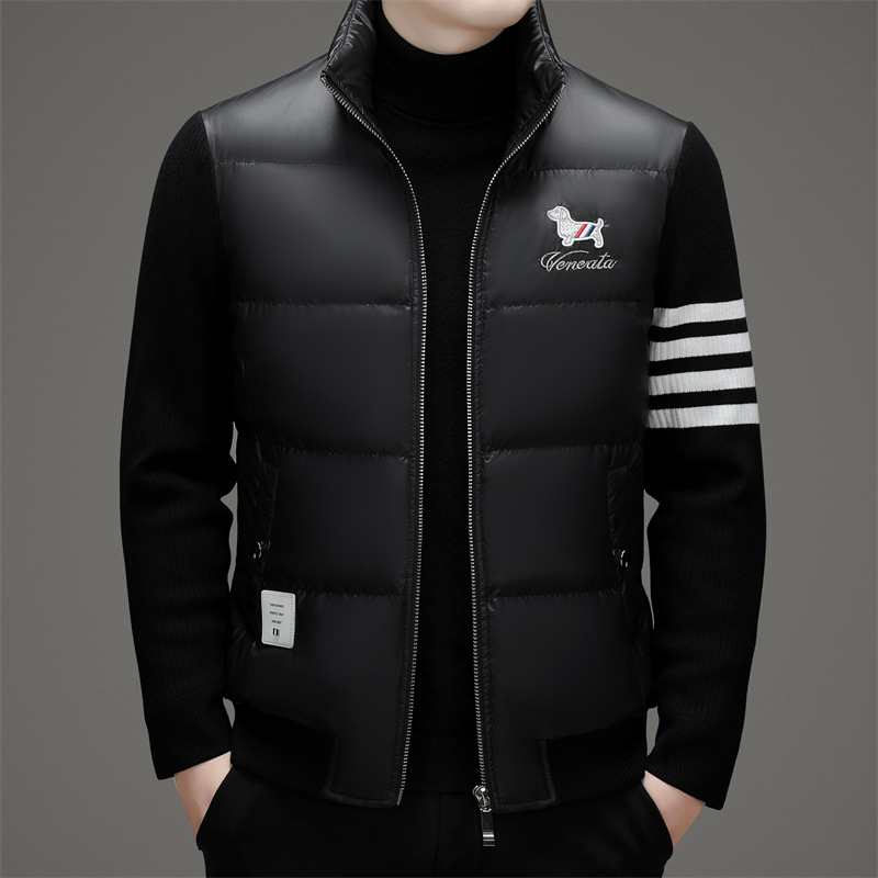Férfi down dzseki koreai stílusban, fehér ludpúppal töltve, vastag meleg, álló gallér és zipzár, lélegző és szélálló téli kabát