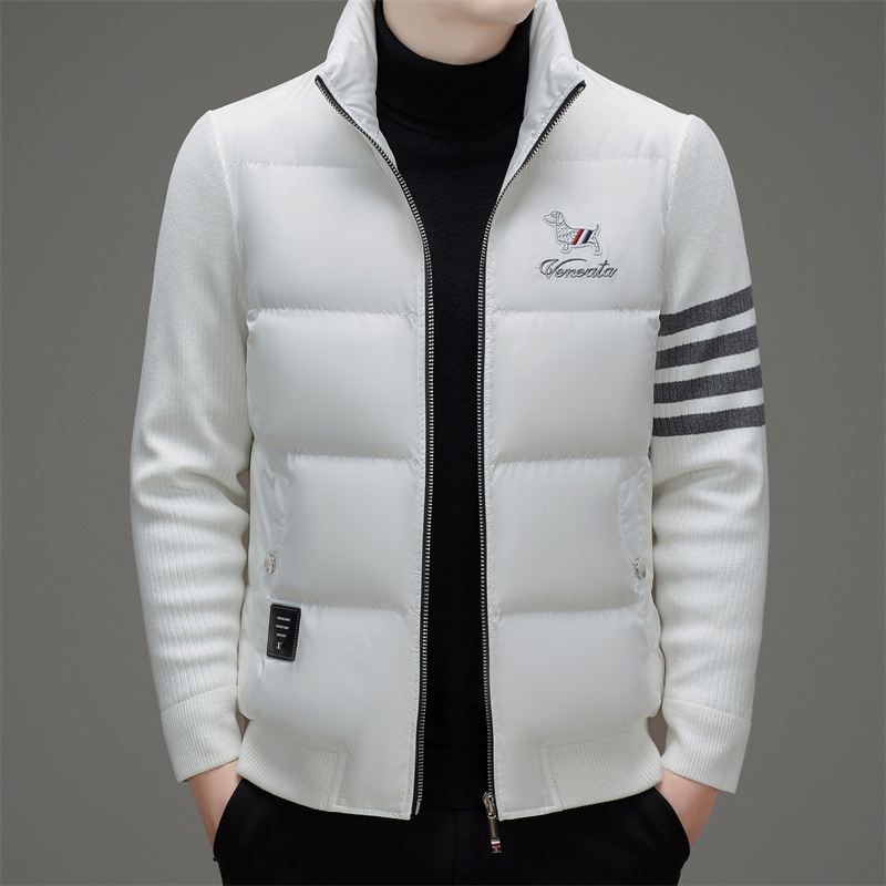 Férfi down dzseki koreai stílusban, fehér ludpúppal töltve, vastag meleg, álló gallér és zipzár, lélegző és szélálló téli kabát
