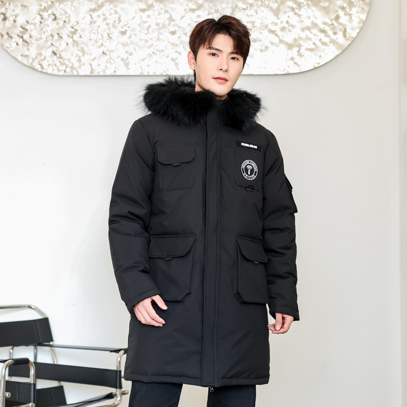 Férfi téli kapucnis tollkabát — töltet: fehér kacadown; kasmírtartalom: 86–90%; pelyhek sűrűsége: 650