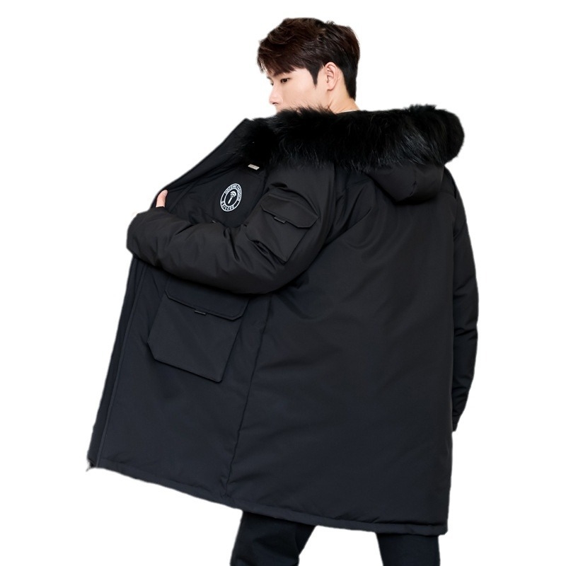 Férfi téli kapucnis tollkabát — töltet: fehér kacadown; kasmírtartalom: 86–90%; pelyhek sűrűsége: 650