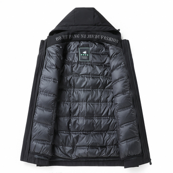Мъжко пухено яке с отделящ се подплат, качулка, свободен силует, ветроустойчиво, цип за закопчаване; пух от бял гъши пух, съдържание на пух 86–90%