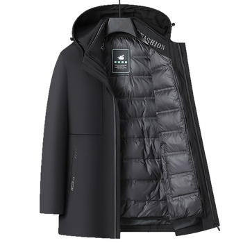 Мъжко пухено яке с отделящ се подплат, качулка, свободен силует, ветроустойчиво, цип за закопчаване; пух от бял гъши пух, съдържание на пух 86–90%