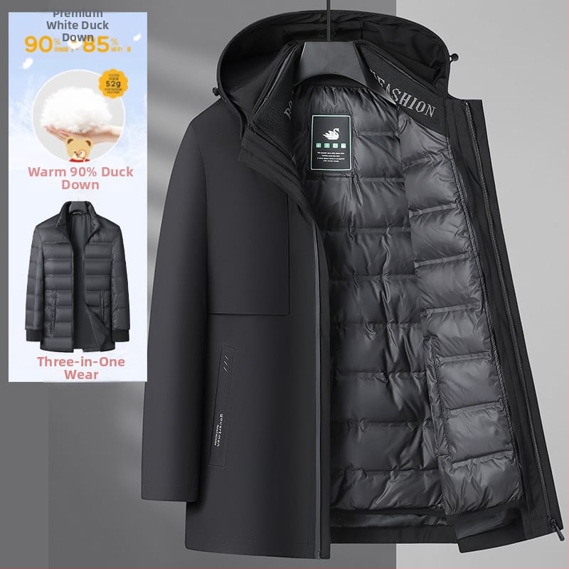 Мъжко пухено яке с отделящ се подплат, качулка, свободен силует, ветроустойчиво, цип за закопчаване; пух от бял гъши пух, съдържание на пух 86–90%