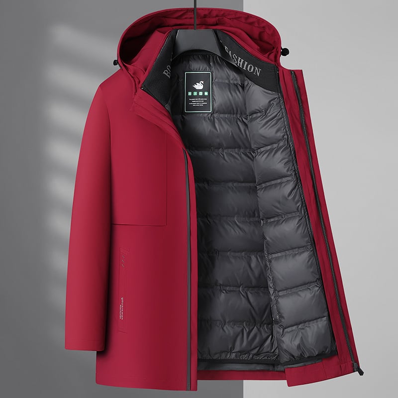 Мъжко пухено яке с отделящ се подплат, качулка, свободен силует, ветроустойчиво, цип за закопчаване; пух от бял гъши пух, съдържание на пух 86–90%