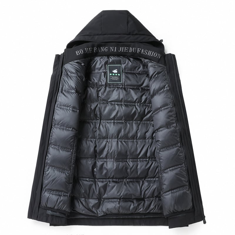 Мъжко пухено яке с отделящ се подплат, качулка, свободен силует, ветроустойчиво, цип за закопчаване; пух от бял гъши пух, съдържание на пух 86–90%