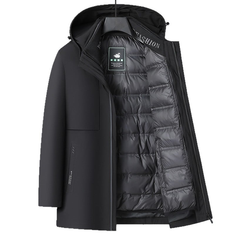Мъжко пухено яке с отделящ се подплат, качулка, свободен силует, ветроустойчиво, цип за закопчаване; пух от бял гъши пух, съдържание на пух 86–90%