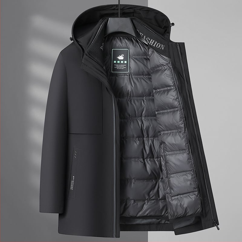 Мъжко пухено яке с отделящ се подплат, качулка, свободен силует, ветроустойчиво, цип за закопчаване; пух от бял гъши пух, съдържание на пух 86–90%