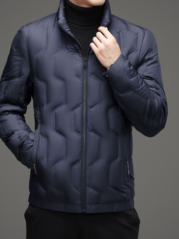 Geacă de iarnă ușoară pentru bărbați, cu puf de rață, umplutură 86–90%, impermeabilă, guler înălțat și fermoar