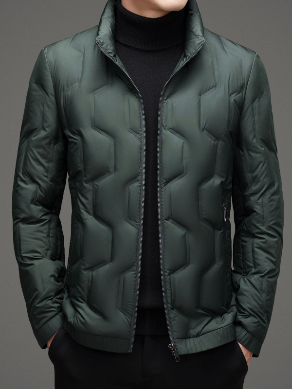 Geacă de iarnă ușoară pentru bărbați, cu puf de rață, umplutură 86–90%, impermeabilă, guler înălțat și fermoar