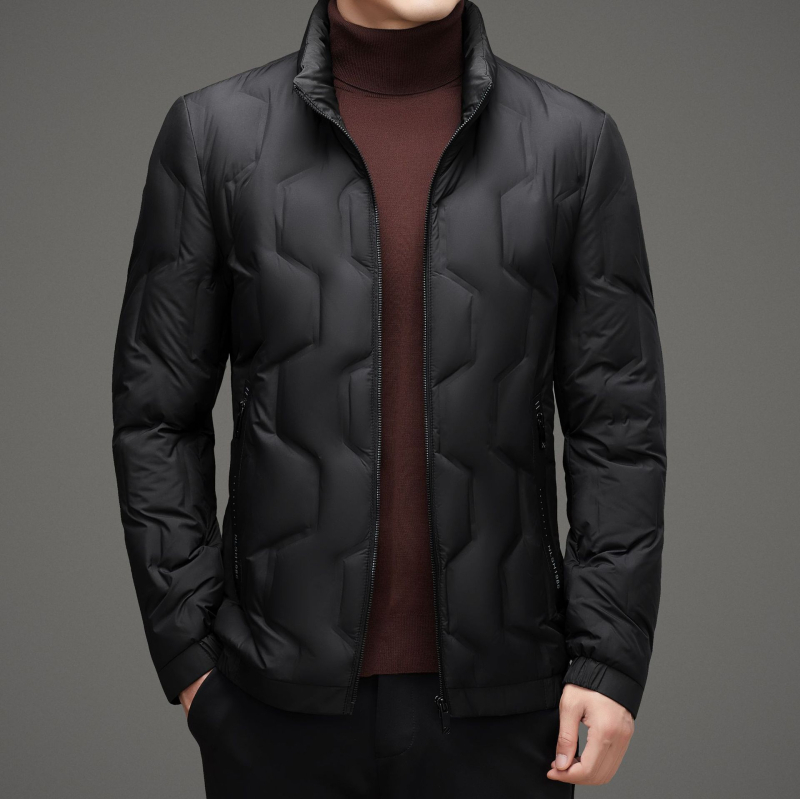Geacă de iarnă ușoară pentru bărbați, cu puf de rață, umplutură 86–90%, impermeabilă, guler înălțat și fermoar