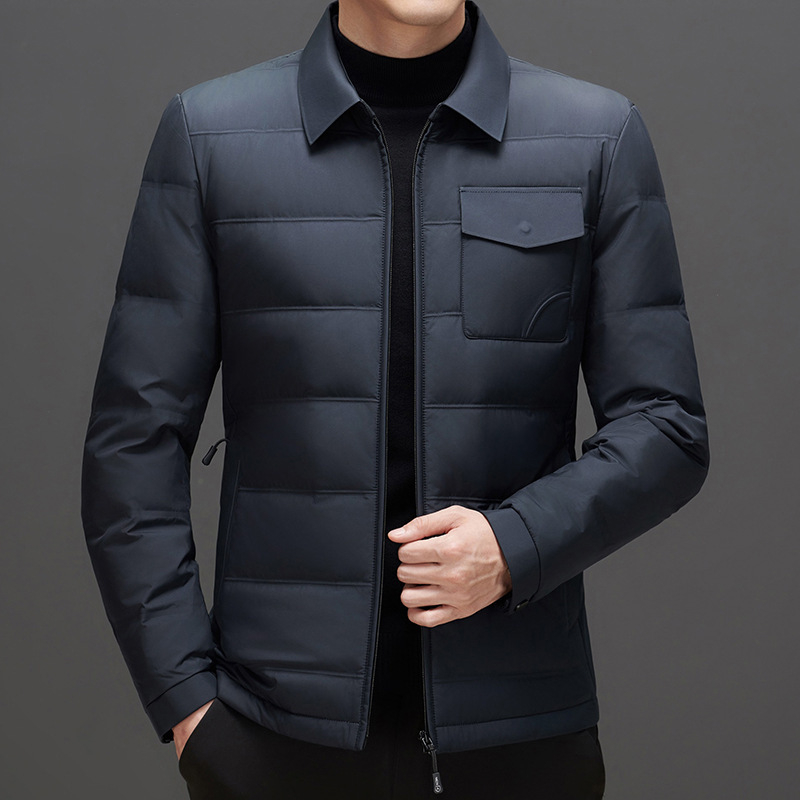 Férfi téli dzseki tollal, kapucnival, könnyű, töltet: fehér kacsa toll, fő anyag: polipropilén rost