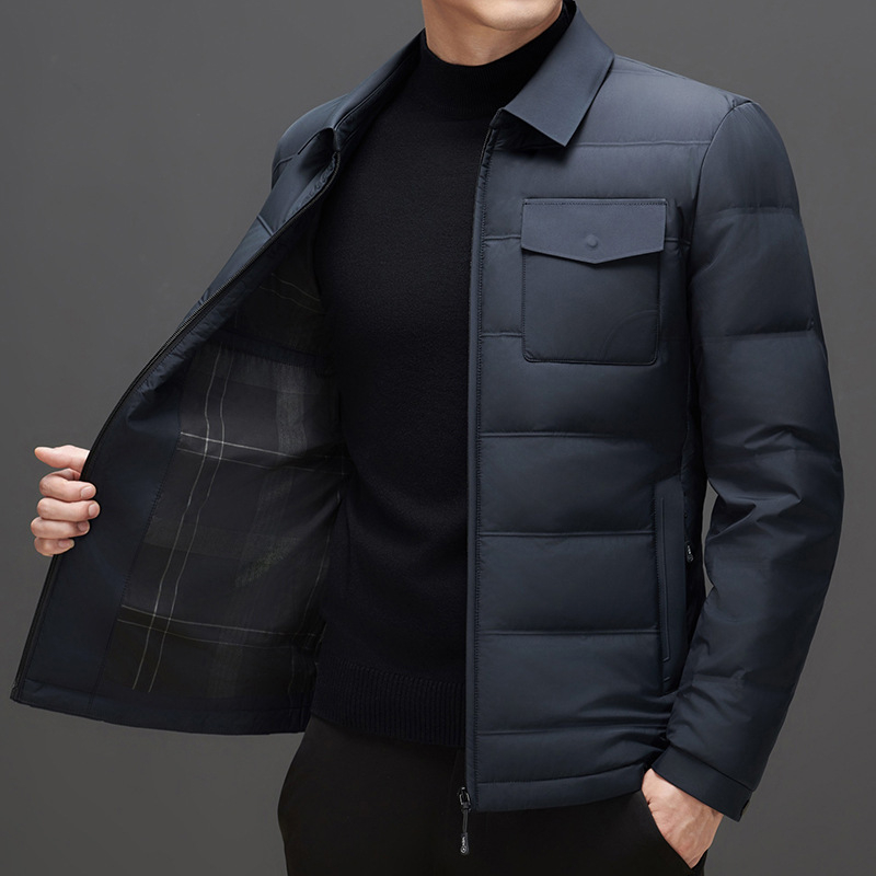 Férfi téli dzseki tollal, kapucnival, könnyű, töltet: fehér kacsa toll, fő anyag: polipropilén rost