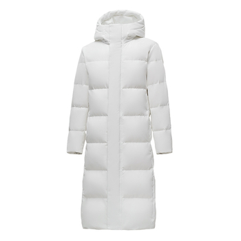 Uniszex középhosszú tollkabát fehér kacsapuhával 56–60% töltőanyag, külső és bélés poliészter, rácsos mintázat, kapucni, cipzár, vastagított dizájn