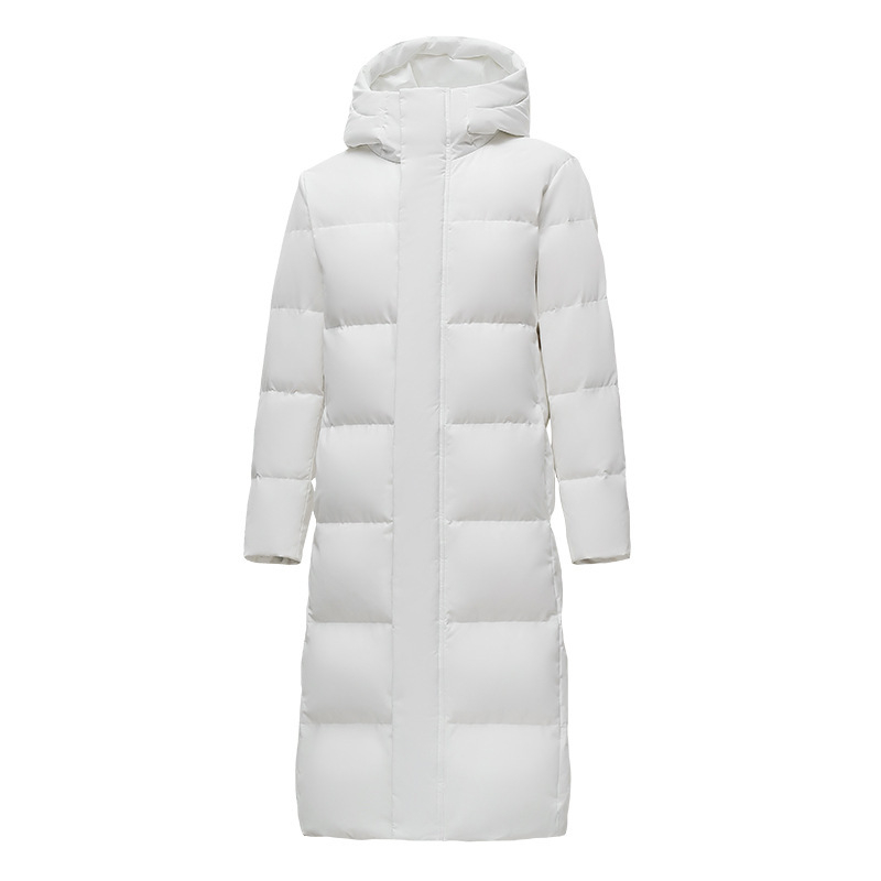 Uniszex középhosszú tollkabát fehér kacsapuhával 56–60% töltőanyag, külső és bélés poliészter, rácsos mintázat, kapucni, cipzár, vastagított dizájn
