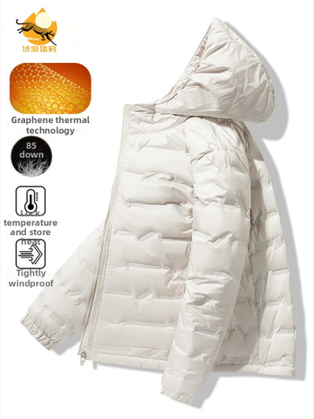 Geacă de puf unisex cu glugă, umplutură din puf de rață alb, 86–90% puf, impermeabilă și rezistentă la vânt, potrivită pentru -20°C până la -5°C.