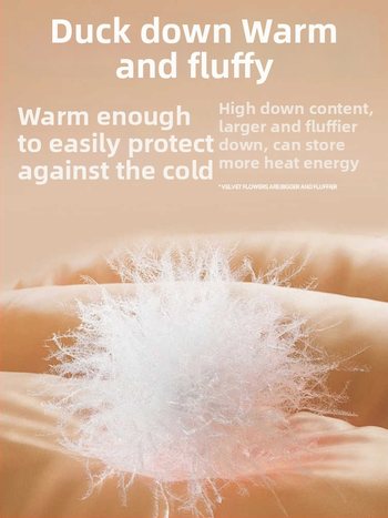 Geacă de puf unisex cu glugă, umplutură din puf de rață alb, 86–90% puf, impermeabilă și rezistentă la vânt, potrivită pentru -20°C până la -5°C.