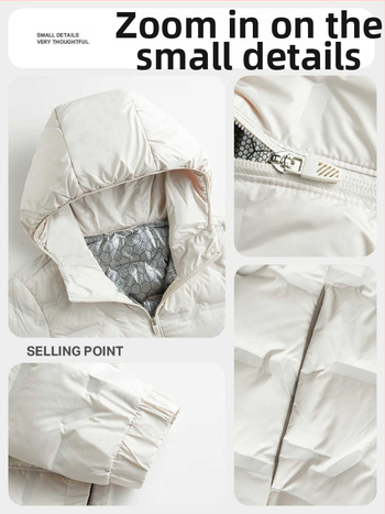 Geacă de puf unisex cu glugă, umplutură din puf de rață alb, 86–90% puf, impermeabilă și rezistentă la vânt, potrivită pentru -20°C până la -5°C.