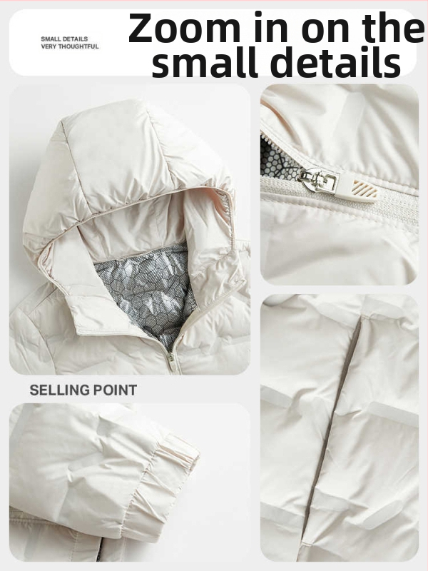 Geacă de puf unisex cu glugă, umplutură din puf de rață alb, 86–90% puf, impermeabilă și rezistentă la vânt, potrivită pentru -20°C până la -5°C.