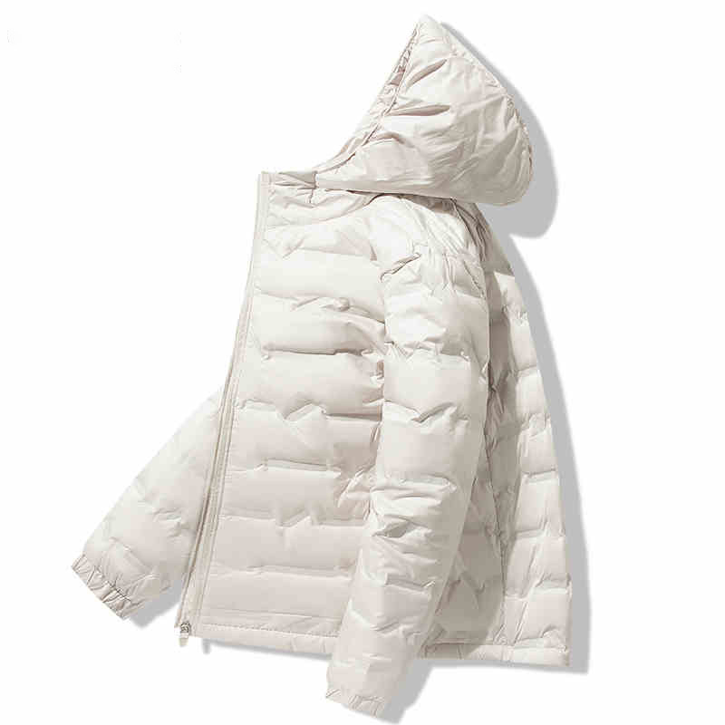 Geacă de puf unisex cu glugă, umplutură din puf de rață alb, 86–90% puf, impermeabilă și rezistentă la vânt, potrivită pentru -20°C până la -5°C.