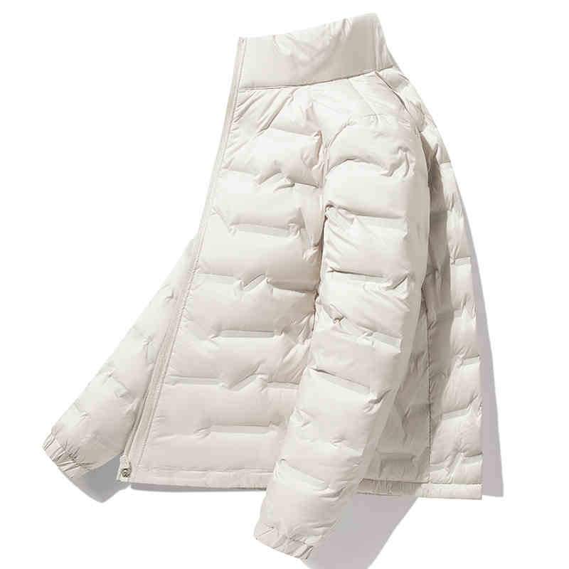 Geacă de puf unisex cu glugă, umplutură din puf de rață alb, 86–90% puf, impermeabilă și rezistentă la vânt, potrivită pentru -20°C până la -5°C.