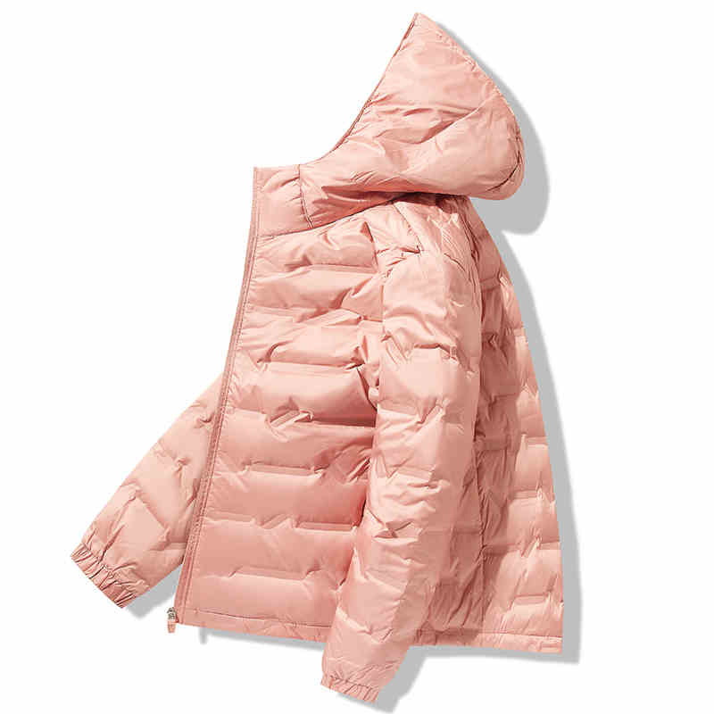 Geacă de puf unisex cu glugă, umplutură din puf de rață alb, 86–90% puf, impermeabilă și rezistentă la vânt, potrivită pentru -20°C până la -5°C.