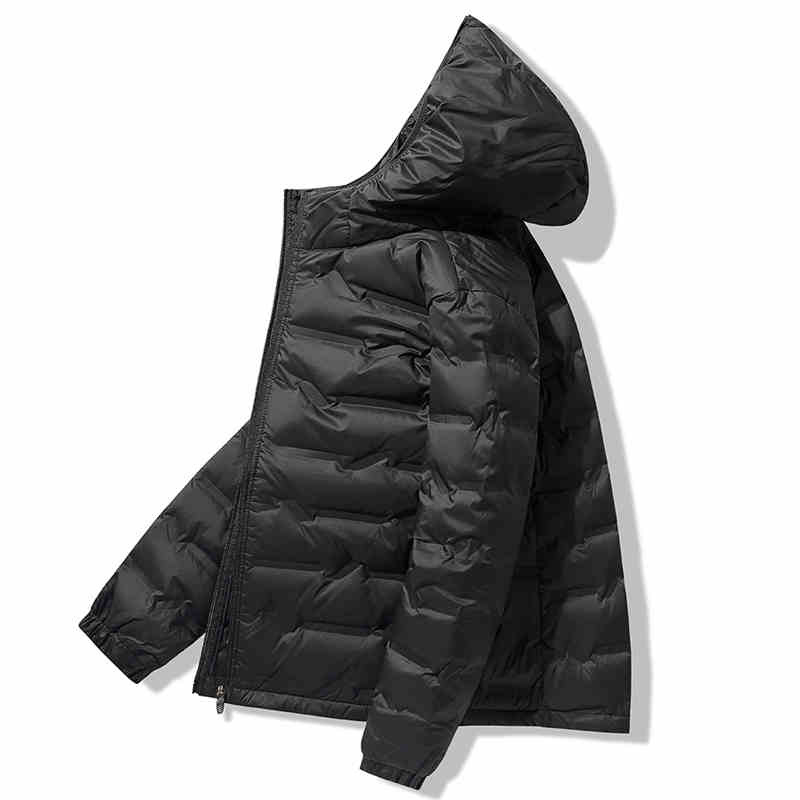 Geacă de puf unisex cu glugă, umplutură din puf de rață alb, 86–90% puf, impermeabilă și rezistentă la vânt, potrivită pentru -20°C până la -5°C.