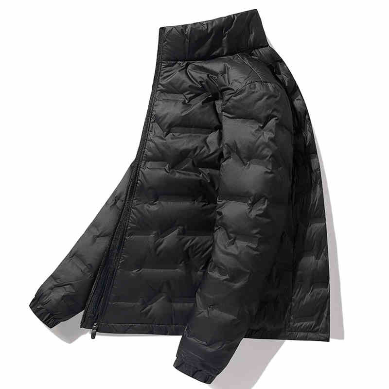 Geacă de puf unisex cu glugă, umplutură din puf de rață alb, 86–90% puf, impermeabilă și rezistentă la vânt, potrivită pentru -20°C până la -5°C.