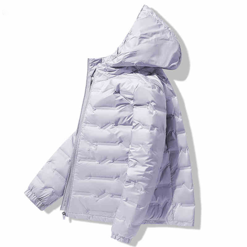 Geacă de puf unisex cu glugă, umplutură din puf de rață alb, 86–90% puf, impermeabilă și rezistentă la vânt, potrivită pentru -20°C până la -5°C.