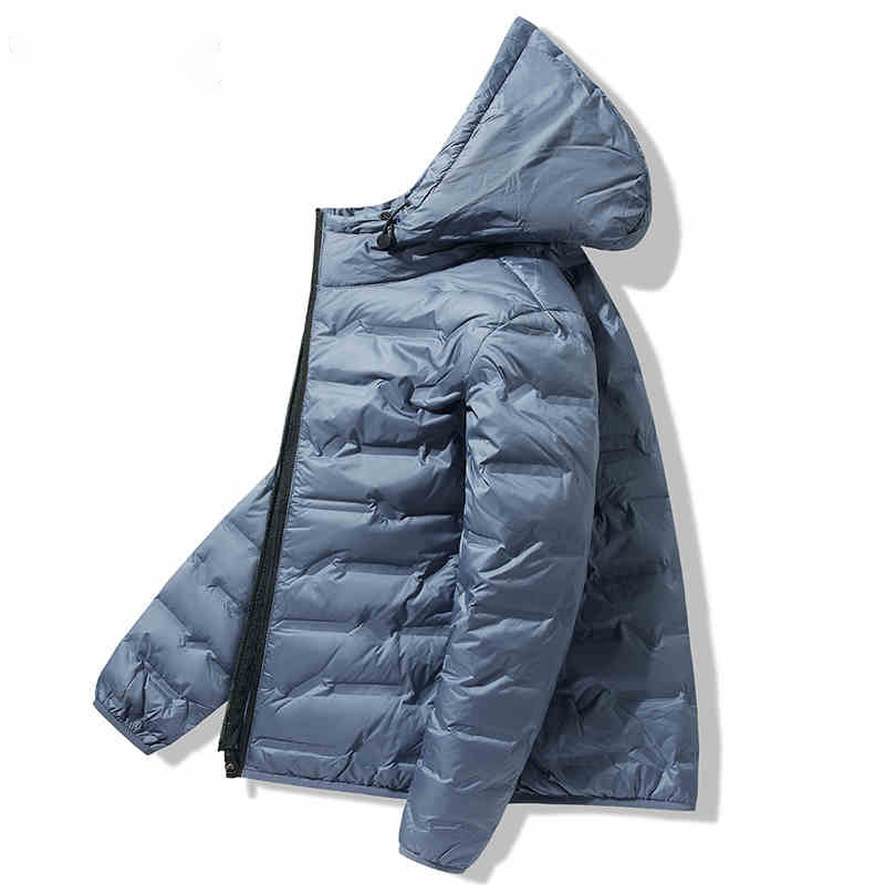 Geacă de puf unisex cu glugă, umplutură din puf de rață alb, 86–90% puf, impermeabilă și rezistentă la vânt, potrivită pentru -20°C până la -5°C.