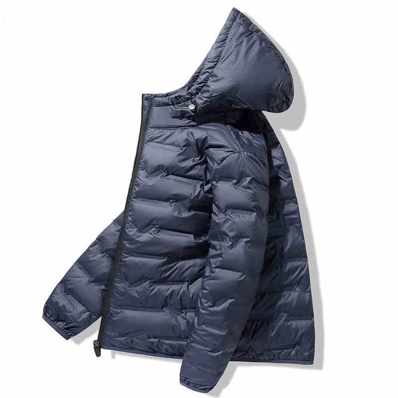 Geacă de puf unisex cu glugă, umplutură din puf de rață alb, 86–90% puf, impermeabilă și rezistentă la vânt, potrivită pentru -20°C până la -5°C.