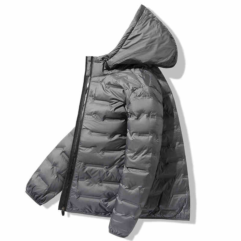 Geacă de puf unisex cu glugă, umplutură din puf de rață alb, 86–90% puf, impermeabilă și rezistentă la vânt, potrivită pentru -20°C până la -5°C.