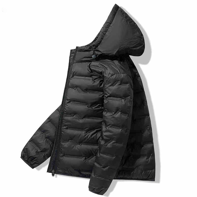 Geacă de puf unisex cu glugă, umplutură din puf de rață alb, 86–90% puf, impermeabilă și rezistentă la vânt, potrivită pentru -20°C până la -5°C.