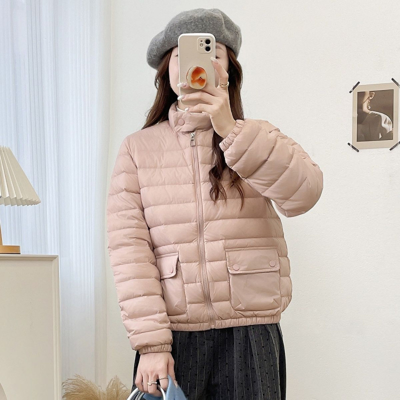 Geacă de damă cu puf de gâscă alb, lungime ultra scurtă, guler înalt, material chenille cu elastan