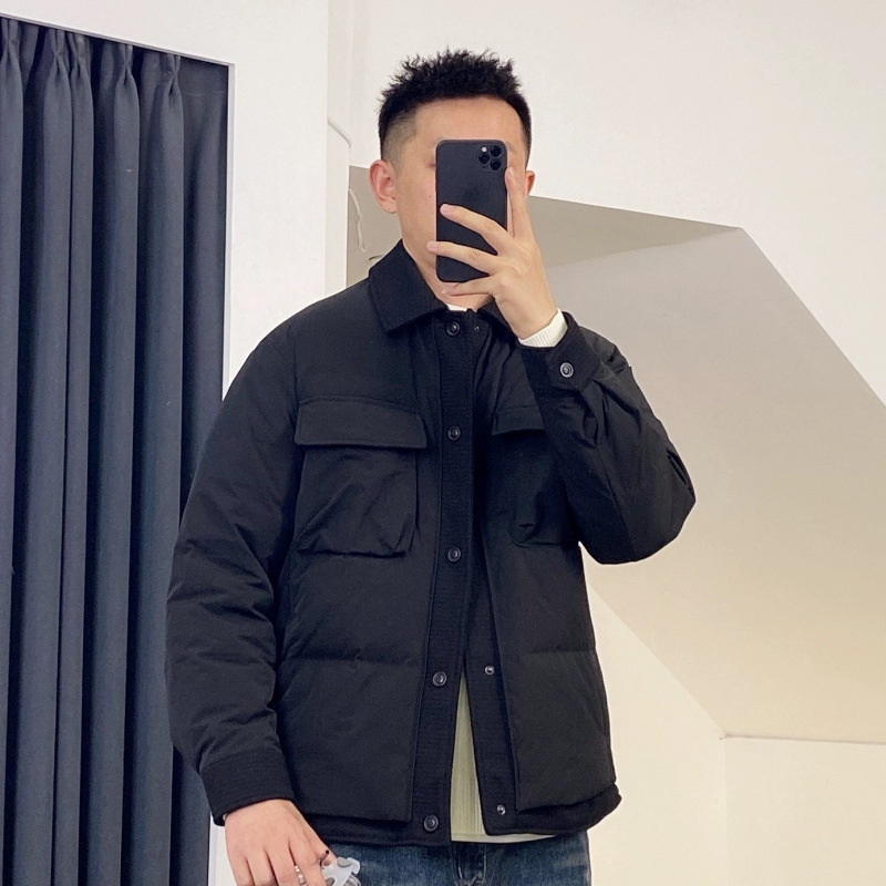 Férfi téli pehelydzseki koreai stílusban, rövid fazon, állógallér, egygombos zárás, kacsa tolltöltés, Vinylon anyag, alkalmas időre