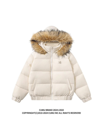 Jachetă de puf cu umplutură din păr de rață, glugă cu guler din blană sintetică, fermoar, conținut de puf 51–55%