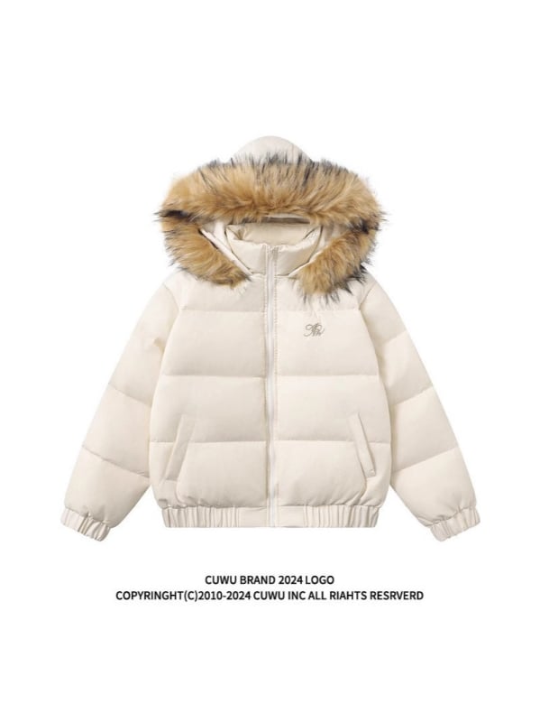 Jachetă de puf cu umplutură din păr de rață, glugă cu guler din blană sintetică, fermoar, conținut de puf 51–55%
