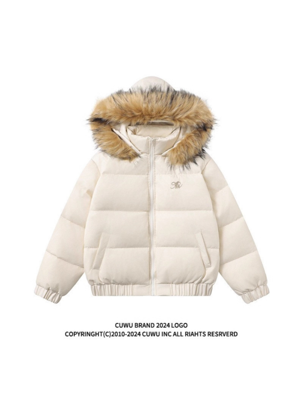 Jachetă de puf cu umplutură din păr de rață, glugă cu guler din blană sintetică, fermoar, conținut de puf 51–55%