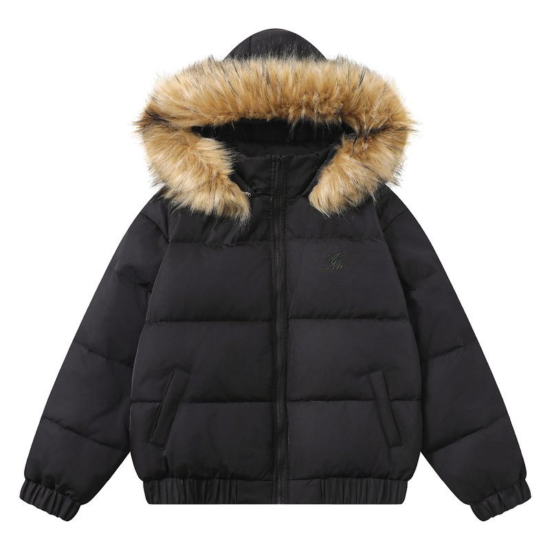 Jachetă de puf cu umplutură din păr de rață, glugă cu guler din blană sintetică, fermoar, conținut de puf 51–55%