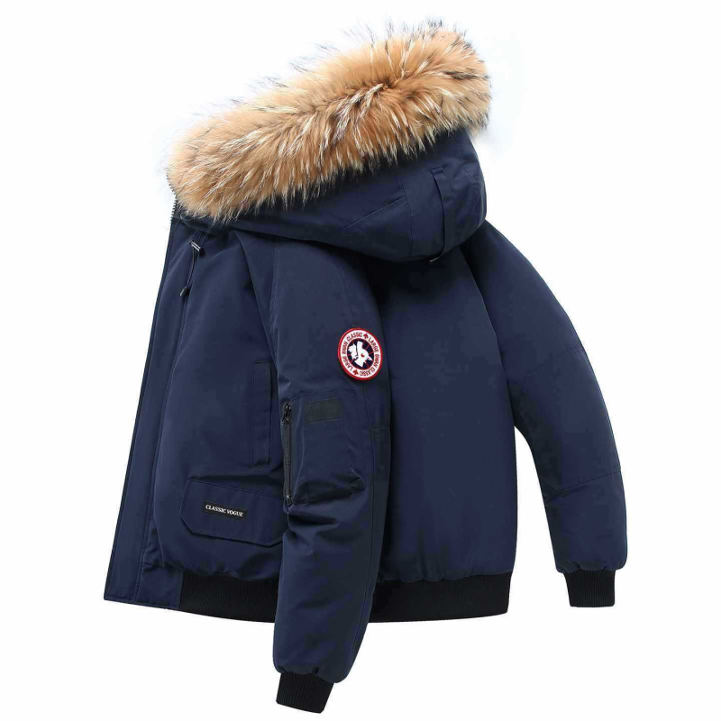 Puhasta jakna s krznenim ovratnikom i kapuljom, unisex, zima, 56–60% perja, 550 punjenja, prozračna