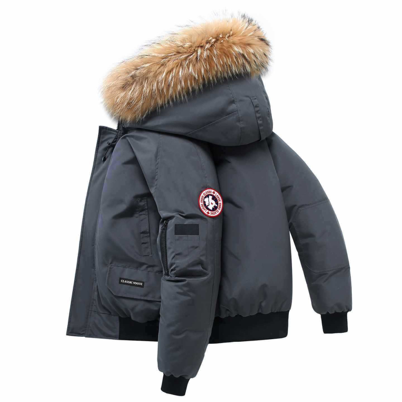 Puhasta jakna s krznenim ovratnikom i kapuljom, unisex, zima, 56–60% perja, 550 punjenja, prozračna