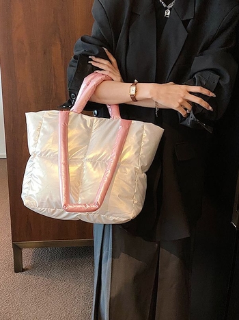 Geantă Tote din PU, stil urban minimalist, formă orizontală pătrată, fermoar, pentru utilizare zilnică