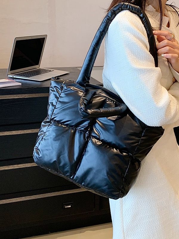 Geantă Tote din PU, stil urban minimalist, formă orizontală pătrată, fermoar, pentru utilizare zilnică