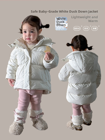 Detská zimná bunda s korejským štýlom, hrubá s 86–90% bieleho kačacieho downu, vonkajšia látka nylon, podšívka polyester, dlhé rukávy, kapucňa nie je odnímateľná