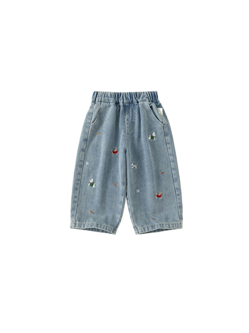 Pantaloni din denim cu căptușeală de fleece pentru fete; imprimeu desen animat; talie medie cu elastic; potriviți pentru primăvară și toamnă; pentru copii 3–8 ani