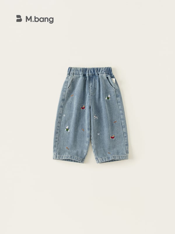 Pantaloni din denim cu căptușeală de fleece pentru fete; imprimeu desen animat; talie medie cu elastic; potriviți pentru primăvară și toamnă; pentru copii 3–8 ani