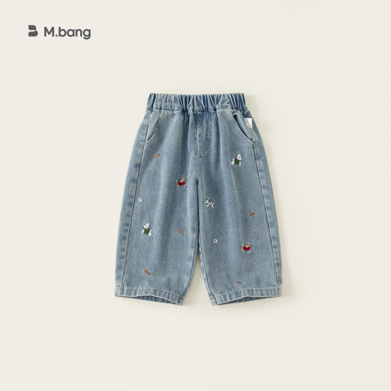 Pantaloni din denim cu căptușeală de fleece pentru fete; imprimeu desen animat; talie medie cu elastic; potriviți pentru primăvară și toamnă; pentru copii 3–8 ani