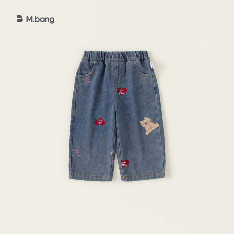 Pantaloni din denim cu căptușeală de fleece pentru fete; imprimeu desen animat; talie medie cu elastic; potriviți pentru primăvară și toamnă; pentru copii 3–8 ani